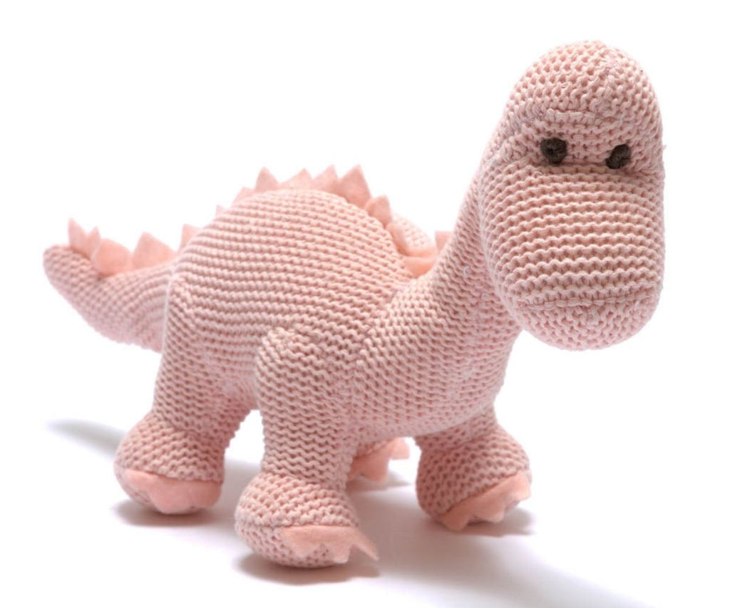 Best Years Knitted Organic Cotton Diplodocus Baby Rattle - Pink. Say It Baby Gifts