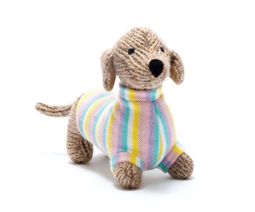 A gorgeous little sausage dog all wrapped up in a dapper knitted pastel jumper by Best Years. 17cm long x 14cm high (head) x 5.5cm wide