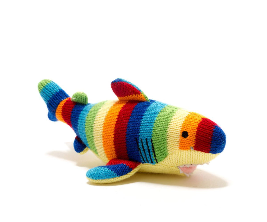 Best Years Bold Stripes Knitted Shark Rattle - a bright, multi-striped shark with a mischievous grin and a gentle rattle! Sold by Say It Baby Gifts