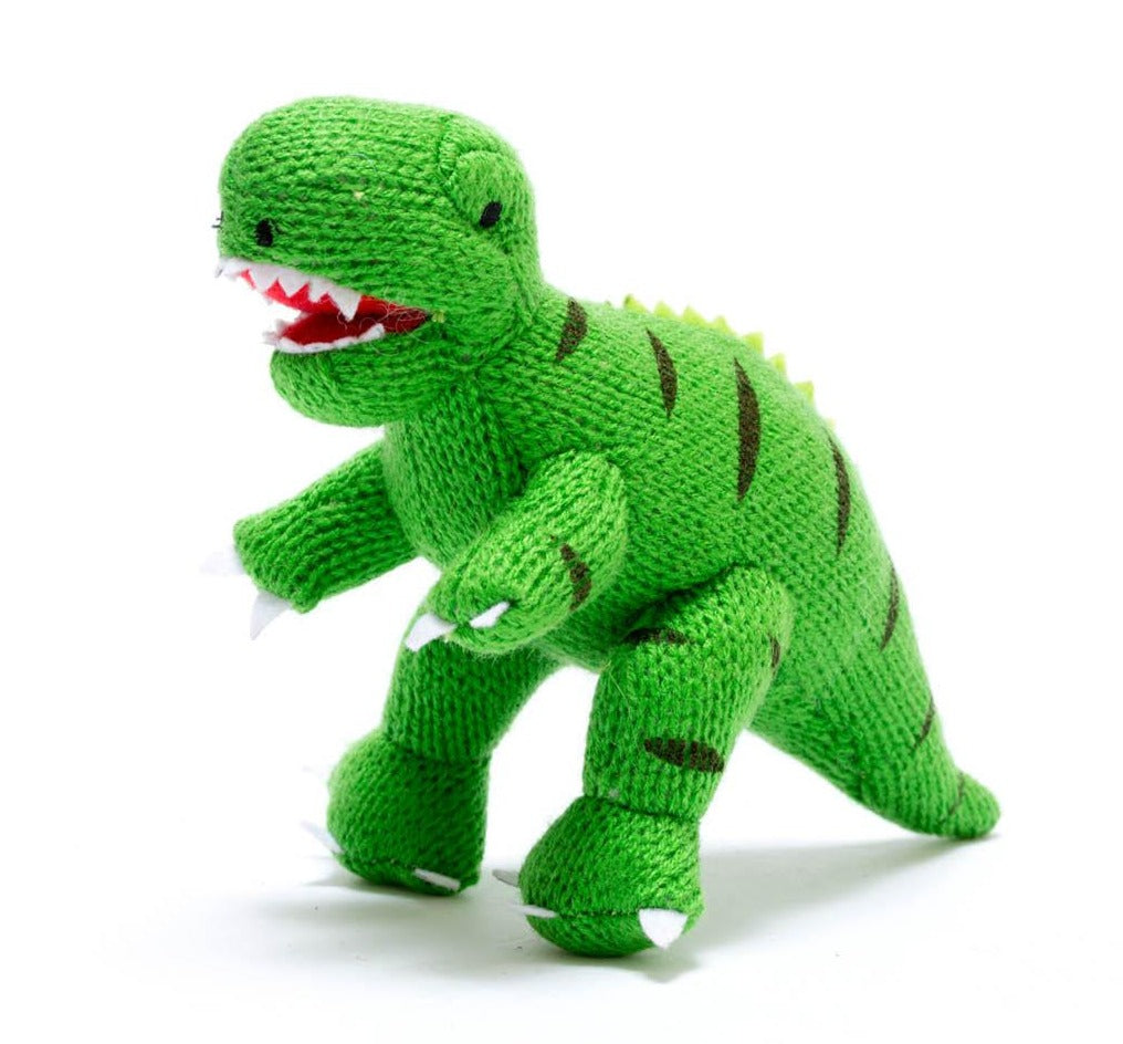Best Years Knitted T-Rex Baby Rattle - Green. Sold by Say It Baby Gifts
