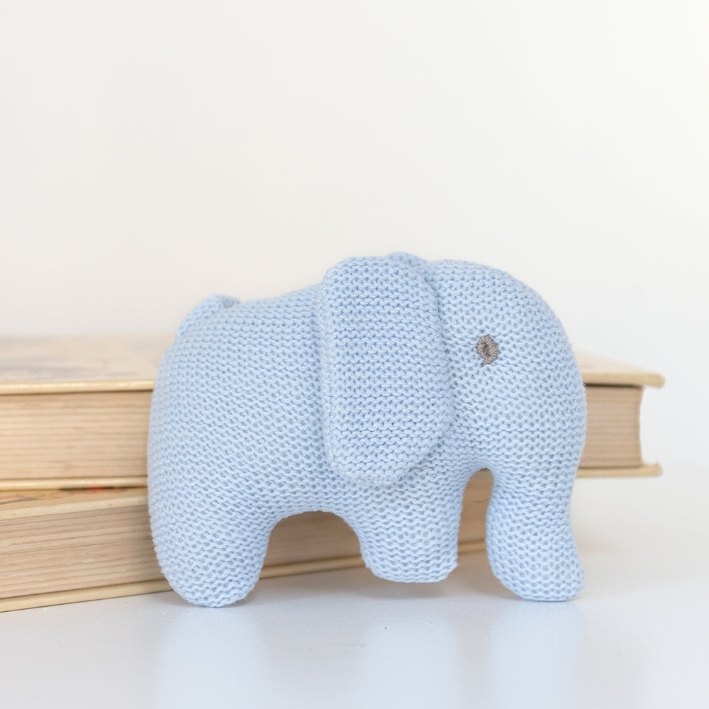 Best Years Knitted Organic Cotton Elephant Rattle - Blue. Say It Baby Gifts