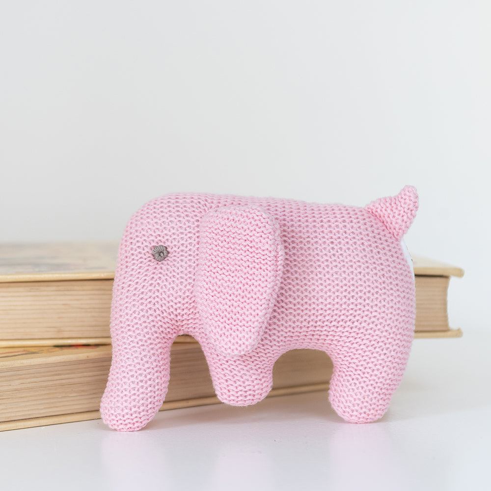 Best Years Knitted Organic Cotton Elephant Rattle - Pink. Sold by Say It Baby