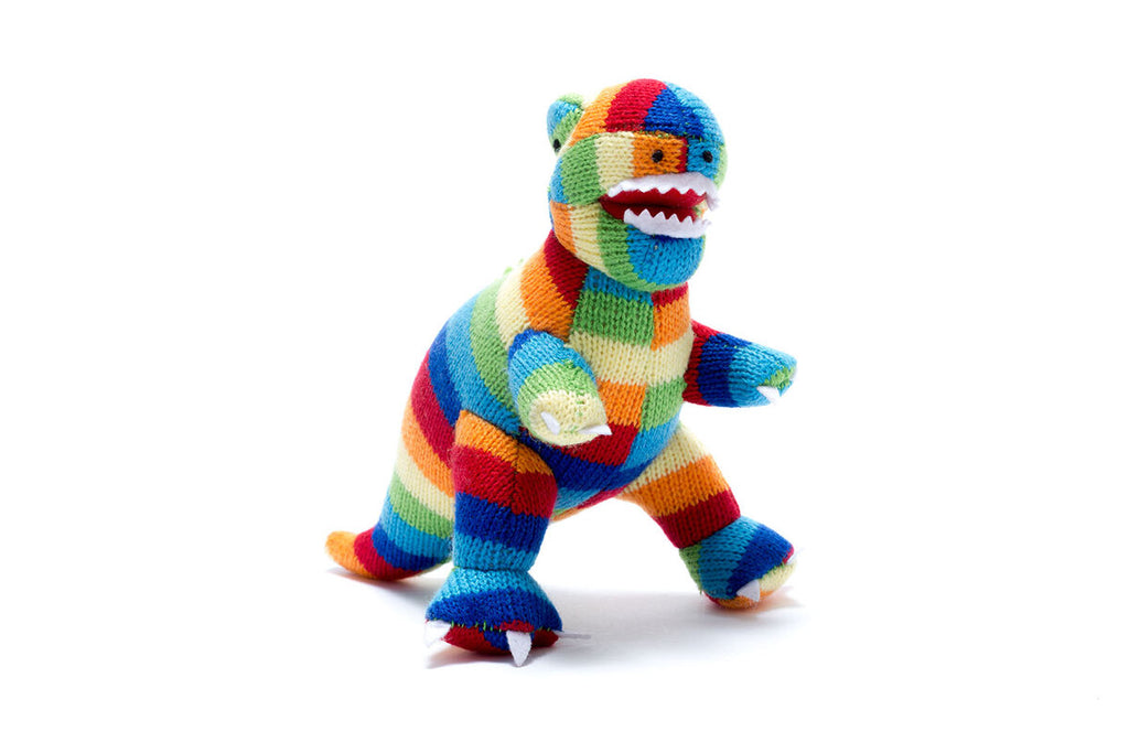 Best Years Knitted T-Rex Baby Rattle - Bold Stripe. Soft and knitted, this cutie also features a gentle rattle. A great little prehistoric pal that babies will love!