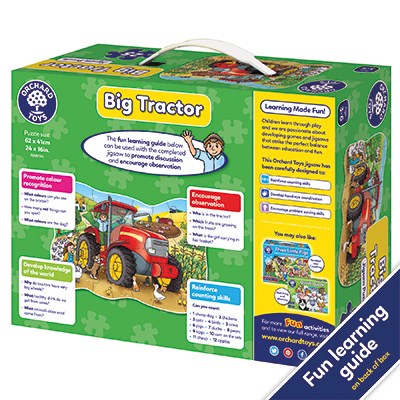 Orchard Toys Big Tractor Jigsaw Puzzle - a fun 25-piece tractor shaped puzzle. Big Tractor includes a fun learning guide on the back of the box, which features different discussion points to talk about once the puzzle has been completed. 