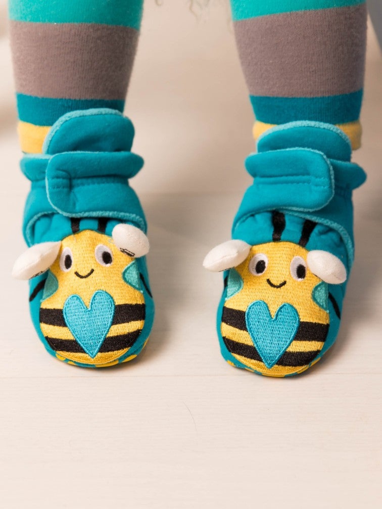 Blade & Rose Buzzy Bee Booties - beautifully quirky, soft and cosy baby booties in turquoise, yellow and black with a gorgeous bee design. Say It Baby Gifts