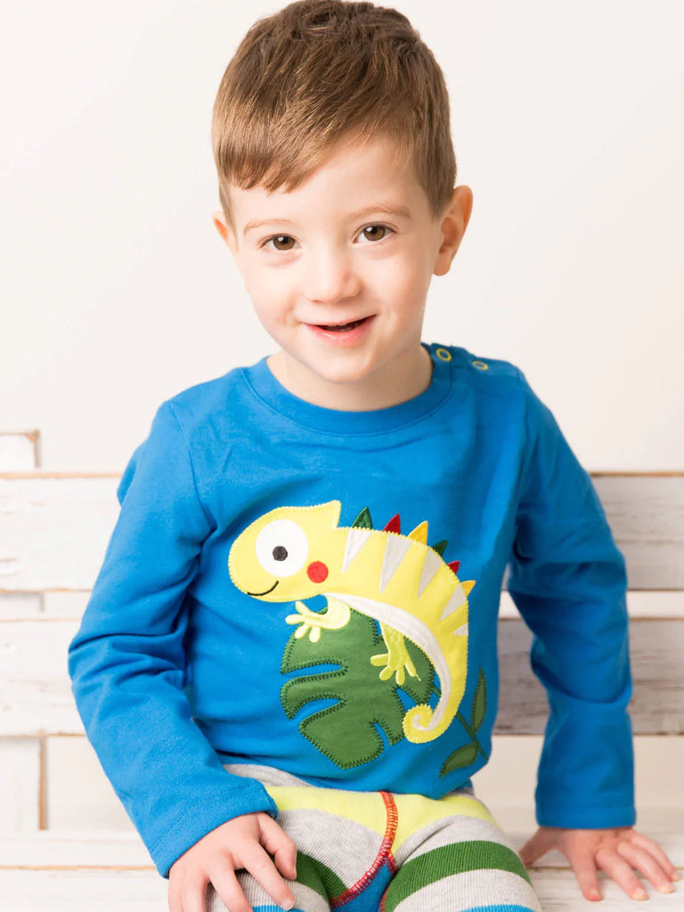 Blade & Rose Chameleon Top - bold, bright and fun! This gorgeous ocean blue top features a colourful chameleon character in bright colours with sweet embroidered detail. Sold by Say It Baby Gifts.