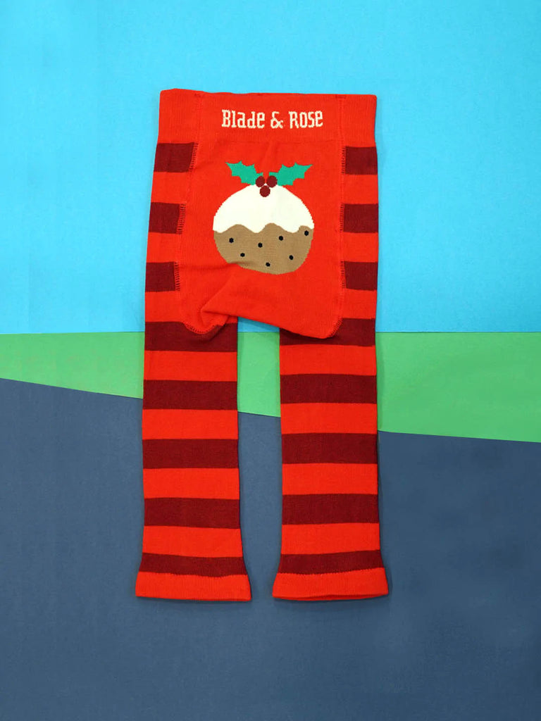 Blade & Rose Bold Christmas Pudding Leggings - bold, bright and fun! These fab leggings have red and brown stripes with a large Christmas pudding on the bum. Say It Baby Gifts