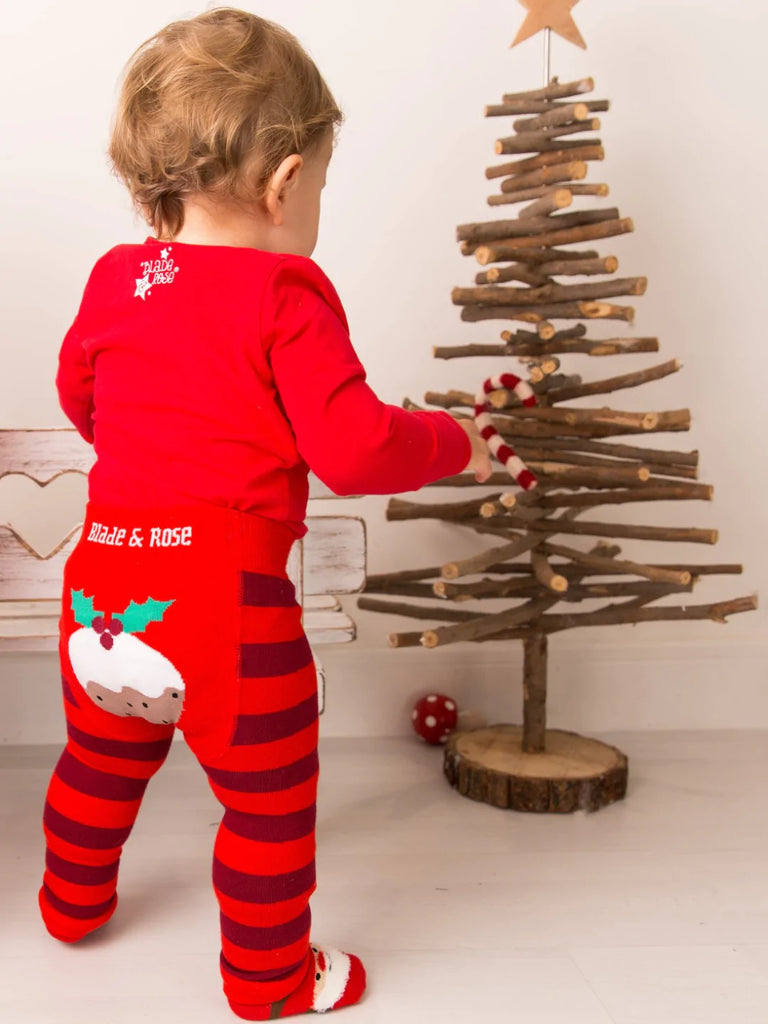 Blade & Rose Bold Christmas Pudding Leggings - bold, bright and fun! These fab leggings have red and brown stripes with a large Christmas pudding on the bum. Say It Baby Gifts