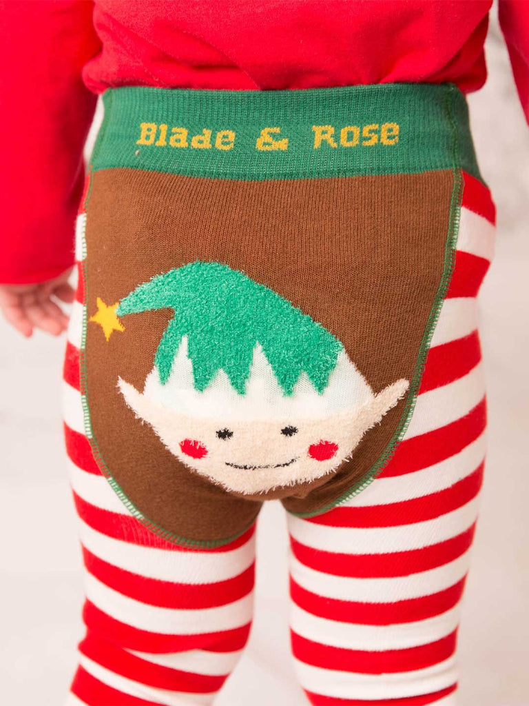 Blade & Rose Elf Leggings - bold, bright and fun! These fab leggings have red and cream stripes with fluffy knit Christmas trees on the hem and fluffy elf face on the bum! Sold by Say It Baby Gifts