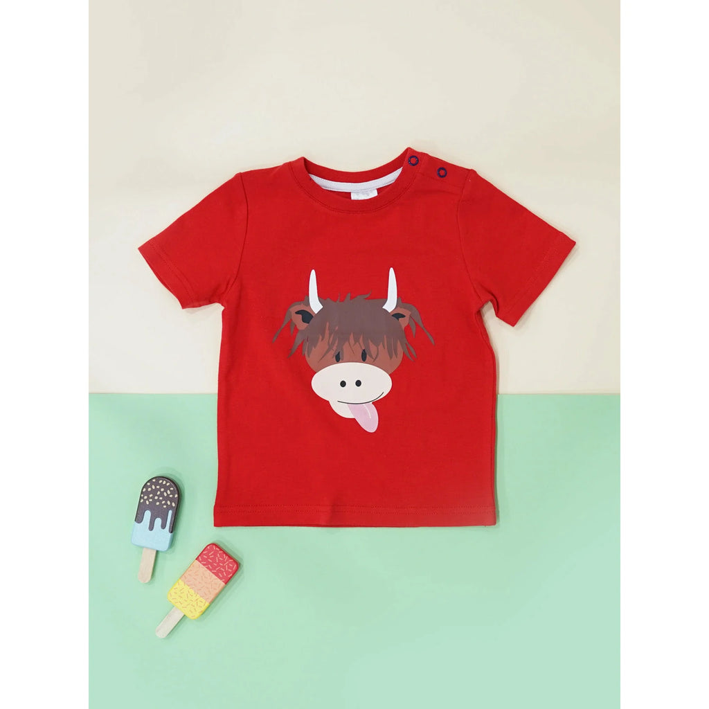 Blade & Rose Highland Cow Tee - bold, bright and fun! This gorgeous bright red short-sleeved t-shirt features a cheeky Highland Coo face with its little tongue poking out.