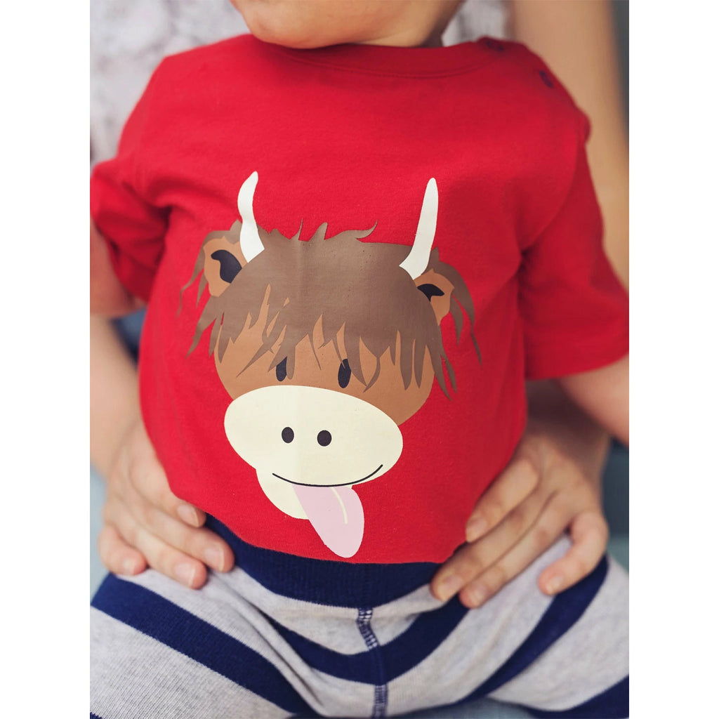 Blade & Rose Highland Cow Tee - bold, bright and fun! This gorgeous bright red short-sleeved t-shirt features a cheeky Highland Coo face with its little tongue poking out.