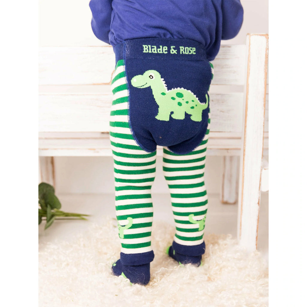 Blade & Rose Maple the Dino Leggings - bold, bright and fun! These fab leggings have alternating cream and green stripes with little Maple the Dino on each leg and a contrasting navy bum.