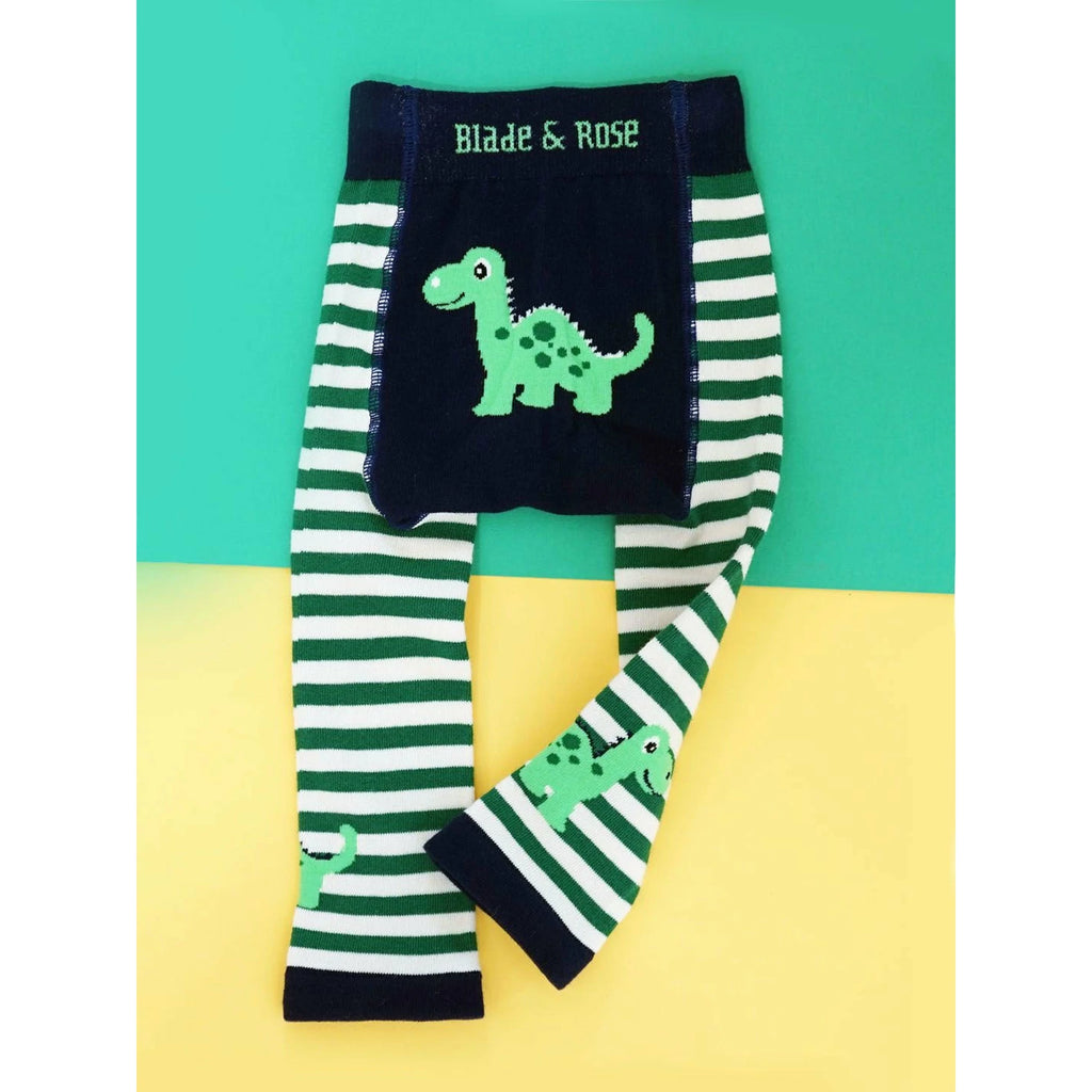 Blade & Rose Maple the Dino Leggings - bold, bright and fun! These fab leggings have alternating cream and green stripes with little Maple the Dino on each leg and a contrasting navy bum.