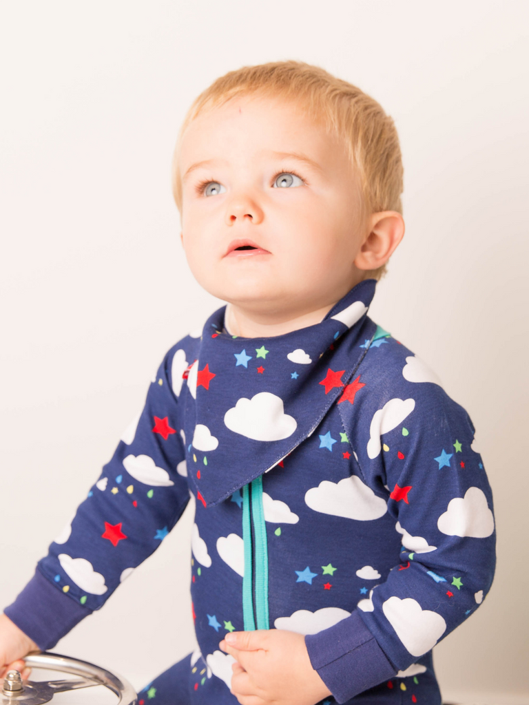Blade & Rose Weather Bib - bold, bright and fun! This gorgeous bandana bib is navy in colour with the cutest weather design of fluffy white clouds and multi-coloured stars and raindrops.  One size. Say It Baby Gifts
