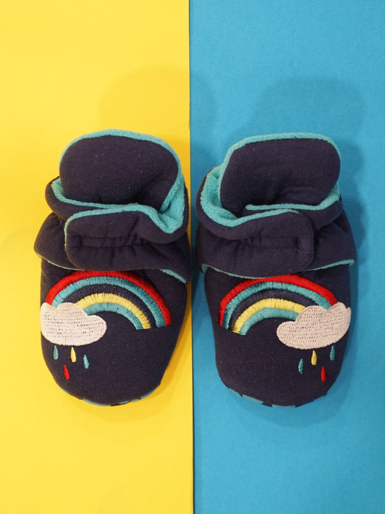 Blade & Rose Weather Booties - beautifully quirky, soft and cosy baby booties in navy and teal with a gorgeous rainbow cloud design. Say It Baby Gifts