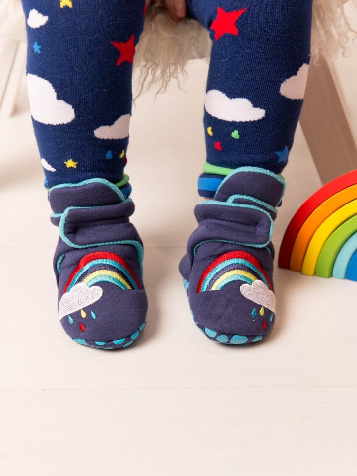 Blade & Rose Weather Booties - beautifully quirky, soft and cosy baby booties in navy and teal with a gorgeous rainbow cloud design. Say It Baby Gifts