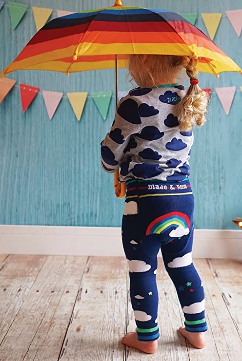 Blade & Rose Weather Leggings - bold, bright and fun! These fab leggings are navy blue with fluffy clouds, colourful stars and a sweet rainbow design on the bum. Rainbow design.