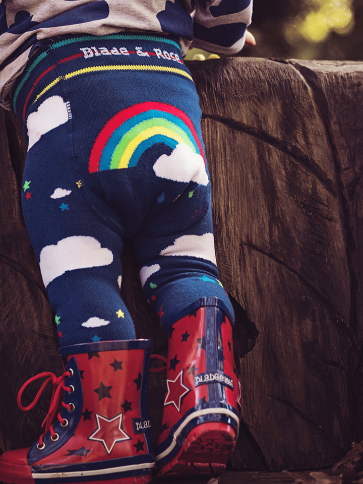 Blade & Rose Weather Leggings - bold, bright and fun! These fab leggings are navy blue with fluffy clouds, colourful stars and a sweet rainbow design on the bum.