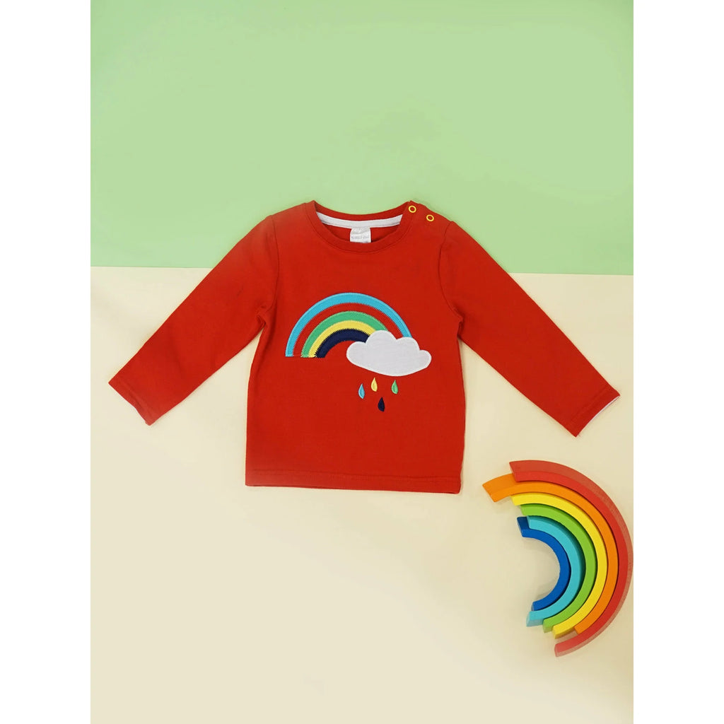 Blade & Rose Weather Top- bold, bright and fun! This gorgeous bright red top features a rainbow stitched design and a white fluffy cloud with multicoloured droplets.