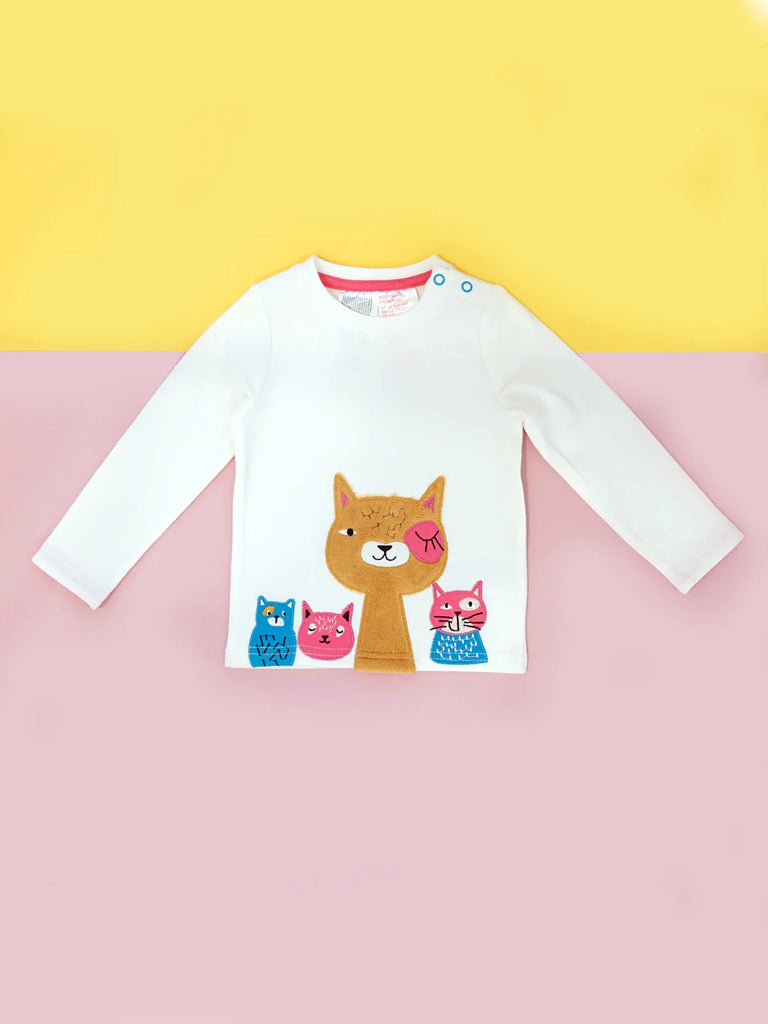 Blade & Rose Willow The Cat Top - bold, bright and fun! This gorgeous white top features the gorgeous Willow the Cat with a fluffy fleece applique. Sold by Say It Baby Gifts