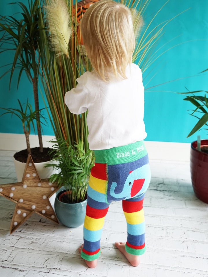 Blade & Rose WWF Organic Elephant Leggings- bold, bright and fun! These fab organic leggings are rainbow striped with a sweet elephant design on the bum.