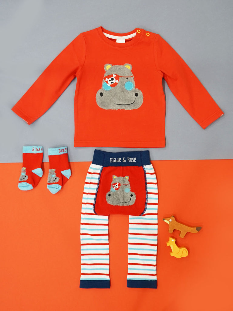 Blade & Rose Harry The Hippo Top - bold, bright and fun! This gorgeous bright red top features Harry the Hippo with a cool pirate patch, sherpa fleece and complete with embroidery detail. Sold by Say it Baby Gifts
