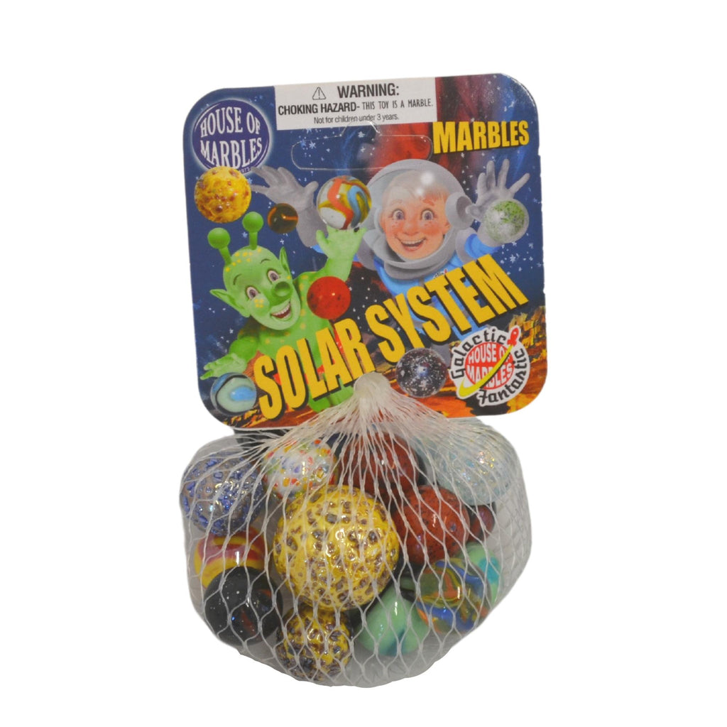Have some good old fashioned fun with these bag of solar system marbles. The bag contains an assortment of different styles of marbles to represent the planets. Each bag contains 20 small marbles and 1 medium marble. 