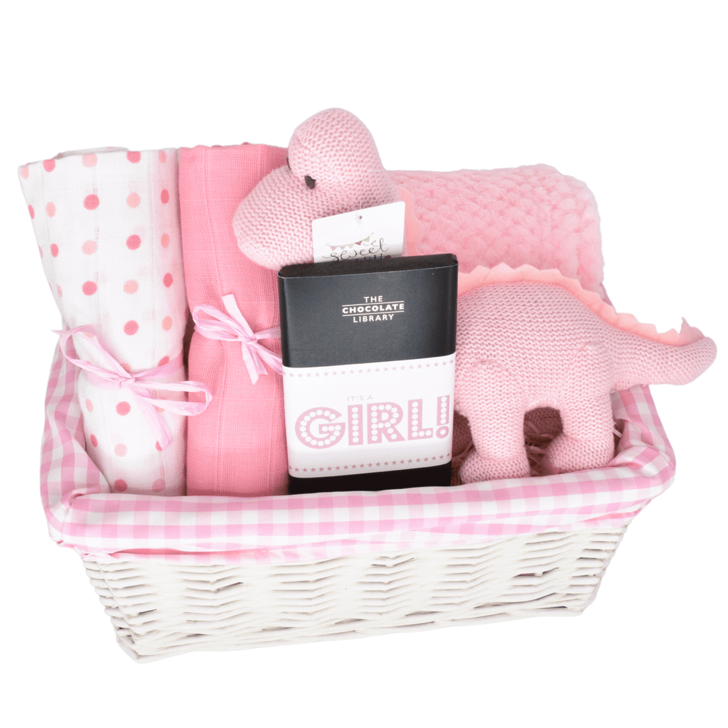 It's A Girl Pink Dino Basket by Say It Baby Gifts - a lovely new baby girl gift basket.