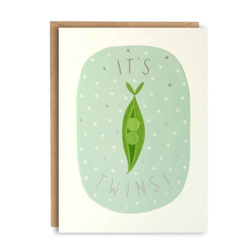 This sweet card features a pea pod with the words "It's Twins!" Sold by Say It Baby Gifts