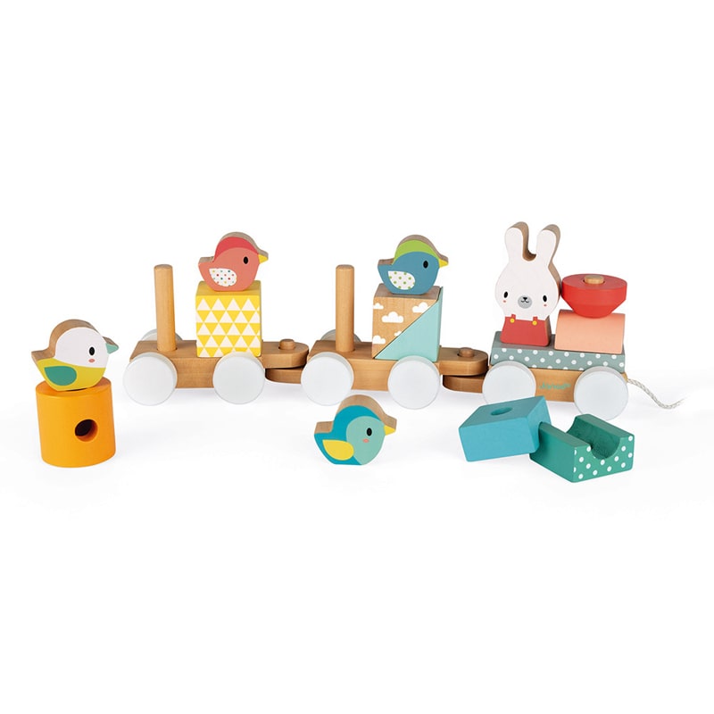 Janod Pure Train for age 12 months plus.  Made with a combination of cherry and beech wood, the train houses multiple shapes and adorable animals, painted in a rainbow of delicate pastel colours with water based paints