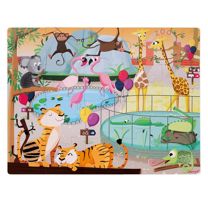 Janod A Day At The Zoo Tactile Puzzle. The puzzle contains an array of animals with textured pieces. Discovering the tiger’s soft coat or the crocodile’s rough skin will be such a joy when the puzzle is completed!