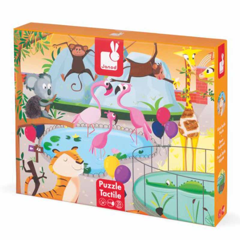 Janod A Day At The Zoo Tactile Puzzle. This is a beautifully illustrated, colourful and tactile giant puzzle is made up of 20 large pieces in the theme of a day at the zoo.