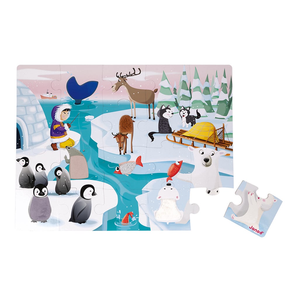 Janod Life On The Ice Tactile Puzzle. This is a beautifully illustrated, colourful and tactile giant puzzle is made up of 20 large pieces in the theme of life on the ice.