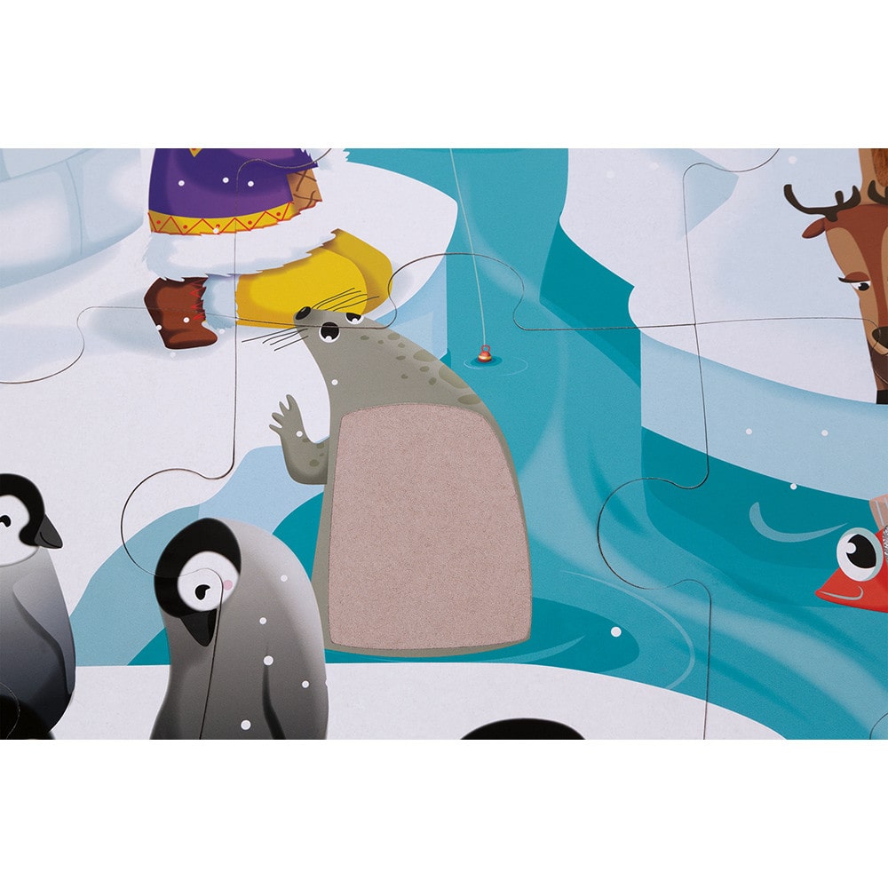 Janod Life On The Ice Tactile Puzzle. This is a beautifully illustrated, colourful and tactile giant puzzle is made up of 20 large pieces in the theme of life on the ice.