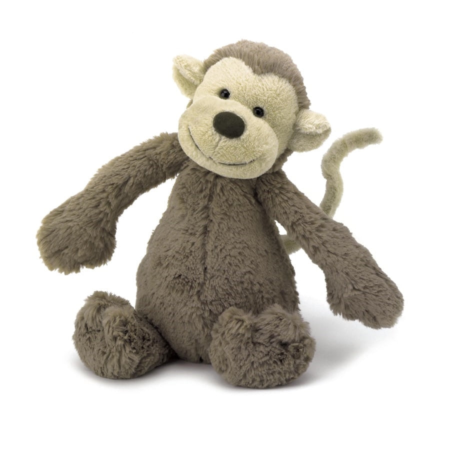 Jellycat Bashful Monkey - Small - Say It Baby . This little super soft creamy chocolate coloured monkey has gorgeous soft fur, a happy smile and a cute curly tail.  