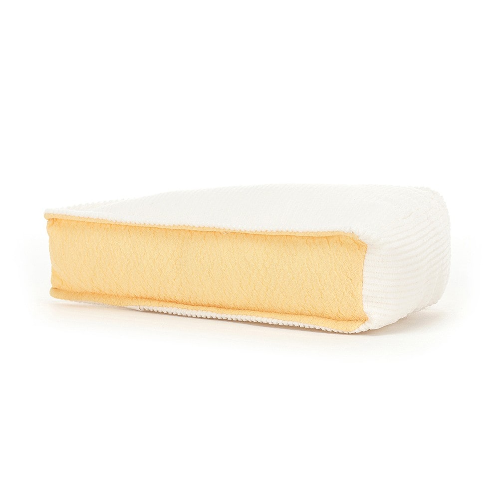 Jellycat Amuseable Brie - side soft toy. Amuseable Brie is a fine wedge of a character. With a cordy rind, golden centre and big cheesy grin, this softie is just the gift for your favourite foodie.