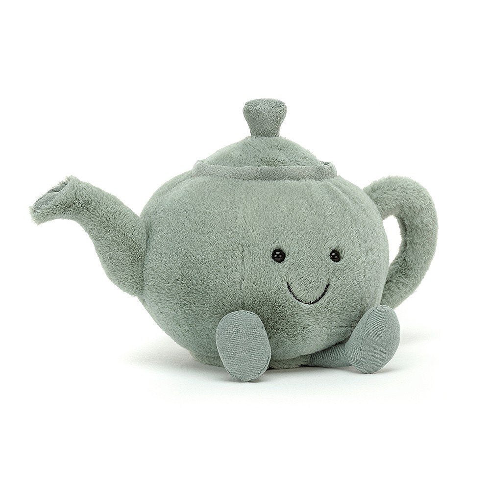 Jellycat Amuseable Teapot. Amuseable Teapot is short, stout and splendid. With suedy accents, soft loop of handle, bobbly lid and curving spout, Teapot is the perfect accompaniment for an afternoon tea.