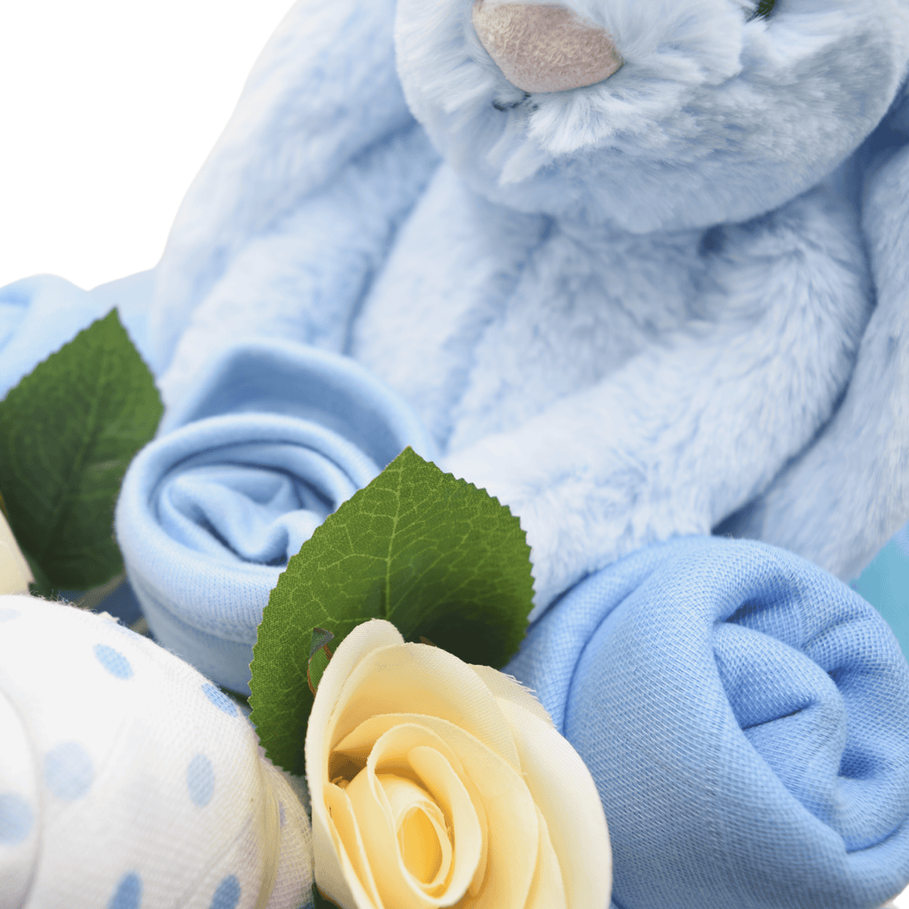 Jellycat Blue Bunny Baby Bouquet Box by Say It Baby Gifts - with a soft jellycat bunny, muslin squares and baby bib