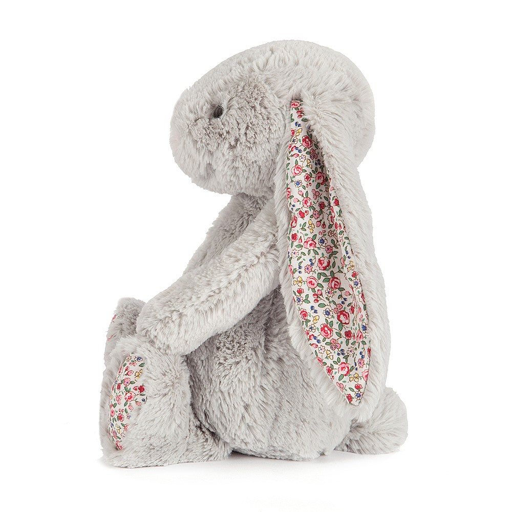 Jellycat Blossom Silver Bunny - Small. A gorgeous snuggly bunny in silver with lovely flowery ears and feet that is sure to be loved!