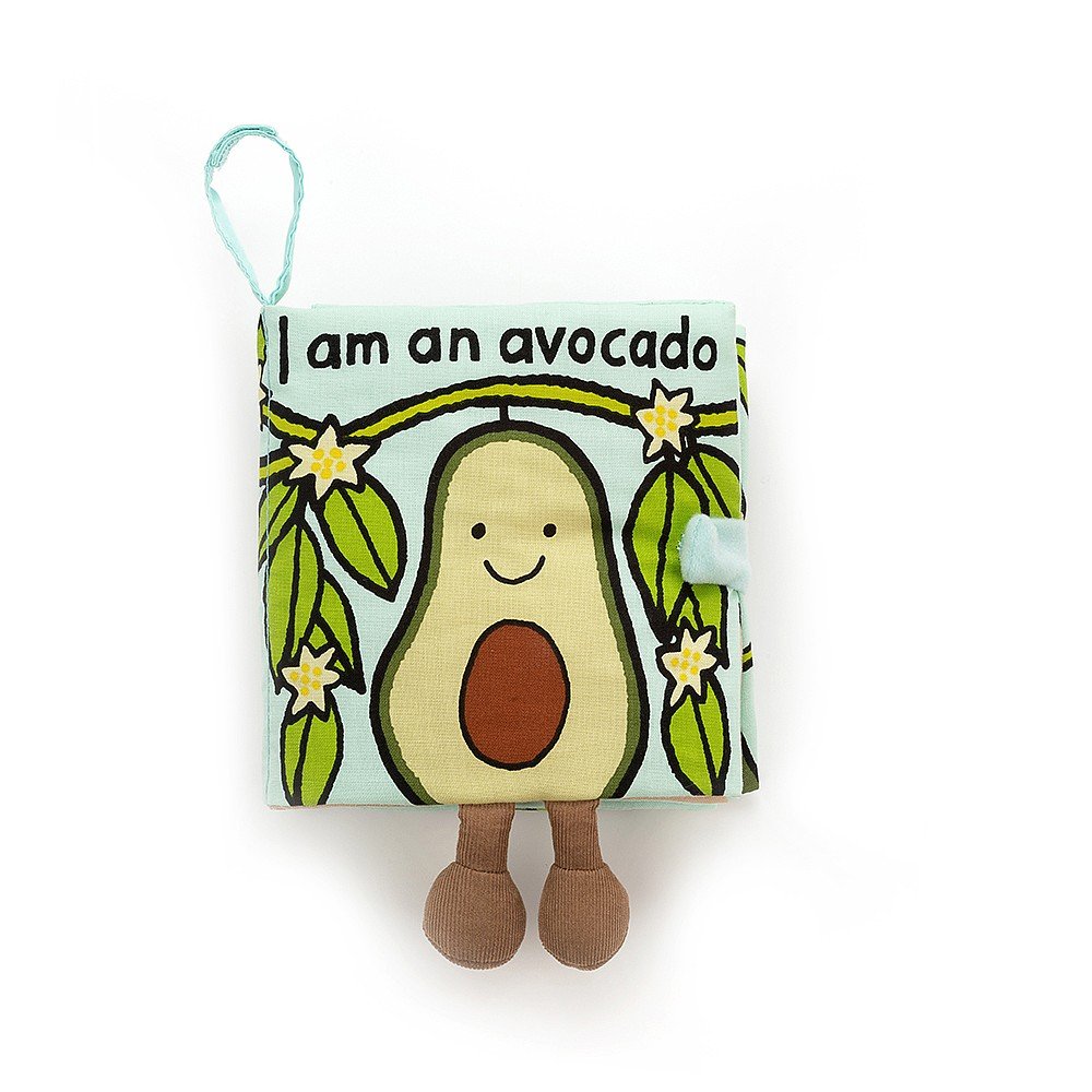 Jellycat I am an Avocado soft fabric book. This fantastic I Am An Avocado book by Jellycat is full of textures and lift up flaps, as well as having the cutest little pair of cordy legs!