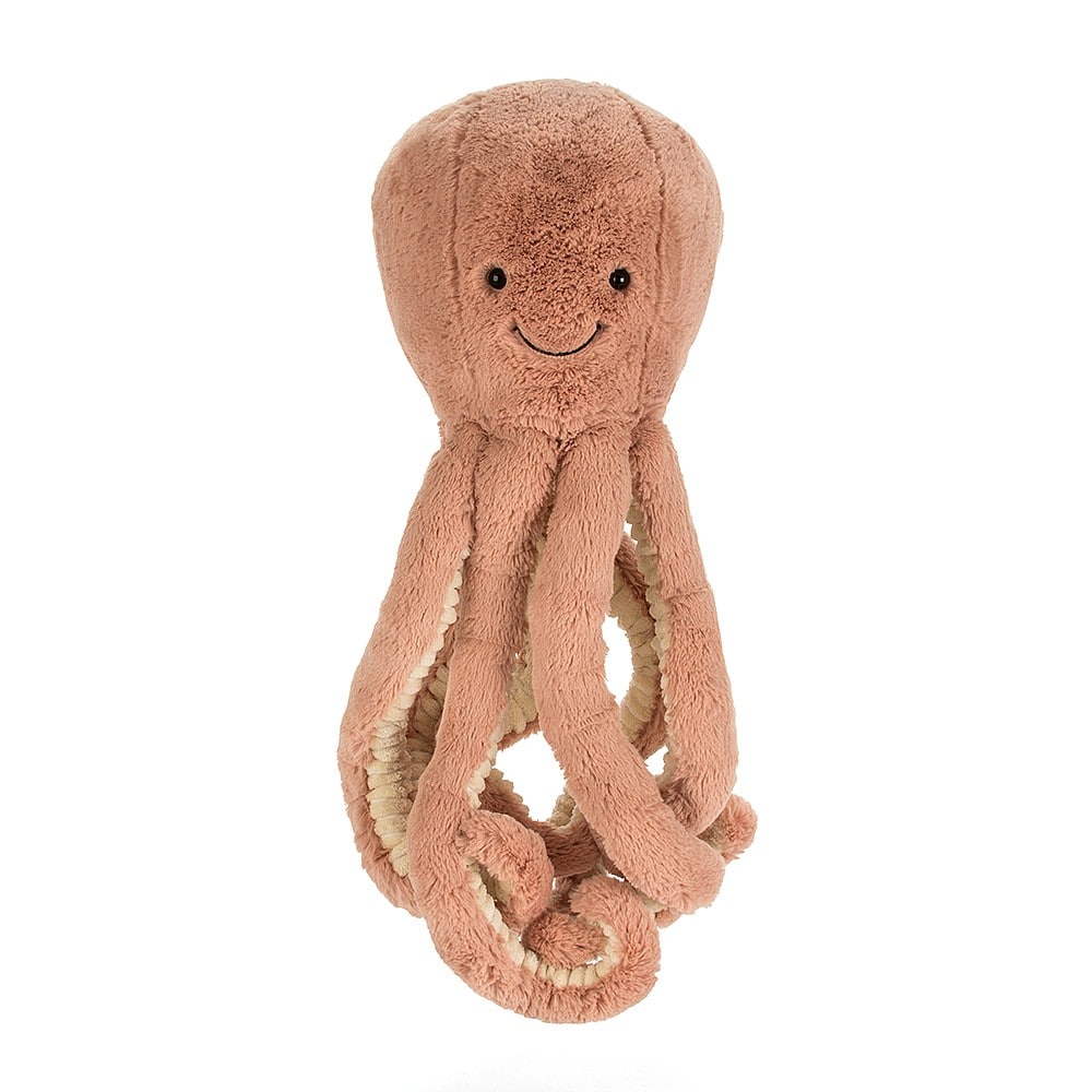 Odell has eight curly arms with cosy cordy and apricot coloured fur and the brightest smile - a lovely soft silly Octopus that is sure to be loved!
