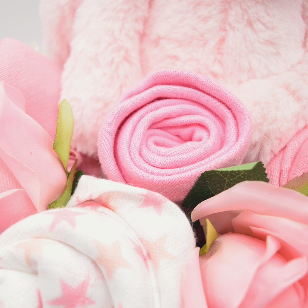 Closeup of Jellycat Pink Bunny Baby Bouquet Box by Say It Baby Gifts