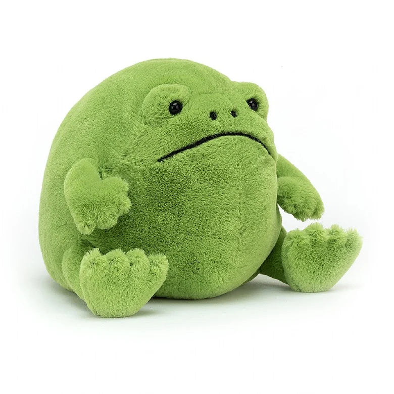 Jellycat Ricky Rain Frog - he’s not sulking, he's just concentrating! This ponderous, chunky-round, pea-green chap may look serious and glum but loves nothing better than to sing like an opera tenor! Sold by Say it Baby Gifts