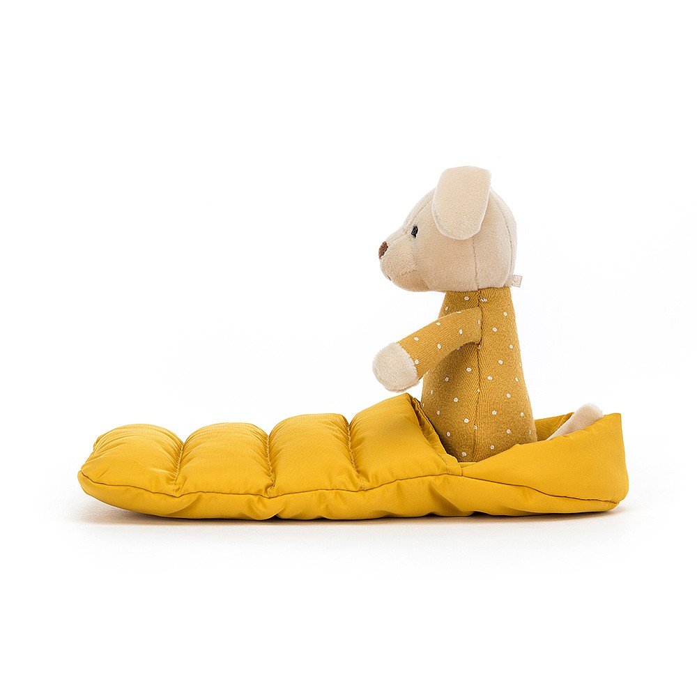 Jellycat Snuggler Puppy - side view in mustard sleeping bag. (One size - approx 23 x 12cm).