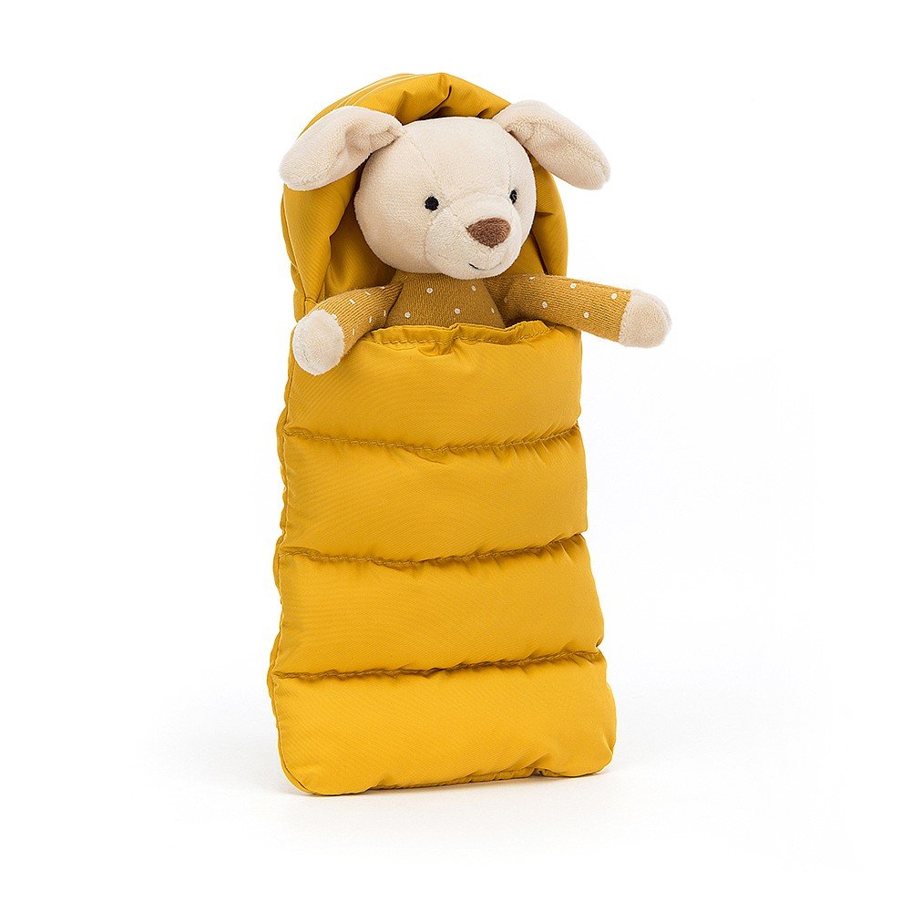 Jellycat Snuggler Puppy. Snuggler puppy is a cosy little character with spotty mustard onesie with white dots and a matching sleeping bag to nestle inside - a different type of doggy bag!