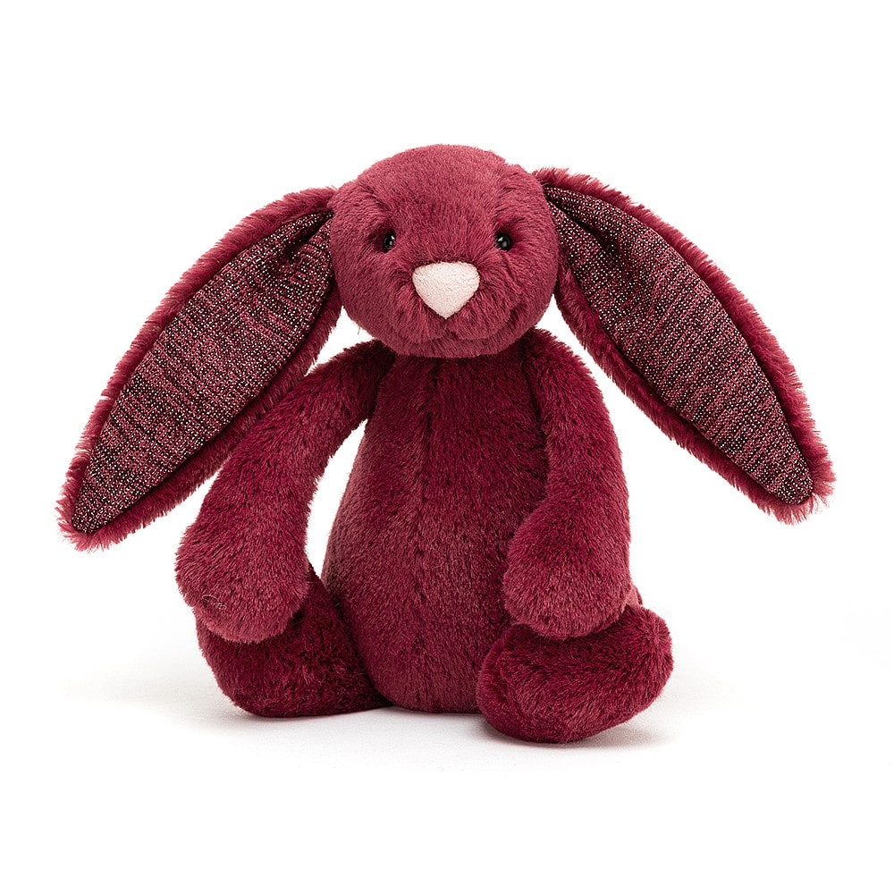 This super soft Sparkly Cassis Jellycat bunny has gorgeous berry-red fur, long floppy sparkly ears and a cute bob tail. A gorgeous sparkly damson bunny sure to be loved!