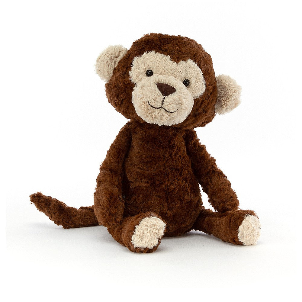 Jellycat Tuffet Monkey. This tousled-tussley monkey has gorgeous soft chocolate fur, nuzzly nougat face, ears and paws and a lovely long tail.