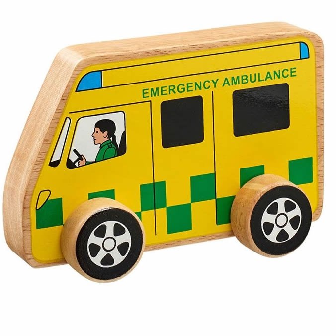 Woo Woo! A fab, chunky wooden toy ambulance with colourful double sided design and natural wood edge on the body and wheels. Sold by Say it Baby Gifts