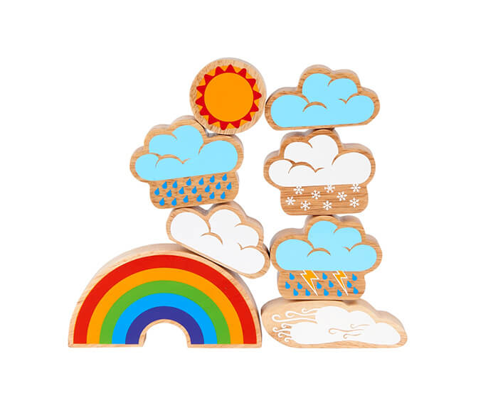 Lanka Kade weather playset. Bright and colourful, this set comprises of 8 weather pieces including clouds, rain, sun and a rainbow which can be used in everyday play activities to encourage discussion and learning about weather as well as stacking and free play.