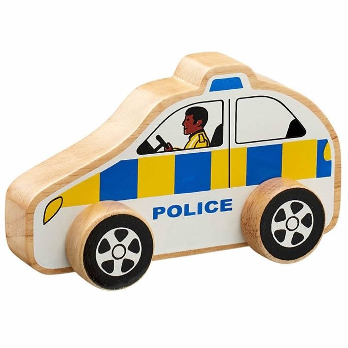 Lanka Kade Police Car Wooden Toy. Woo Woo! A fab, chunky wooden toy police car with colourful double sided design and natural wood edge on the body and wheels.